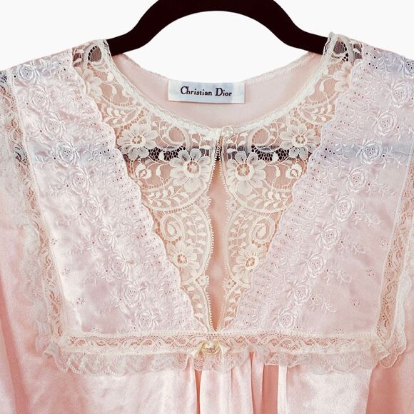 Christian Dior Vintage 80s Pale Pink Satin Lace Embroidered Nightgown Sz XL - Picture 3 of 16